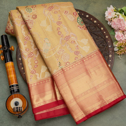golden with red colour combination tissue silk saree