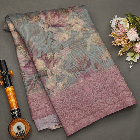 Lavendar Gray Semi Printed Tussar Silk Saree