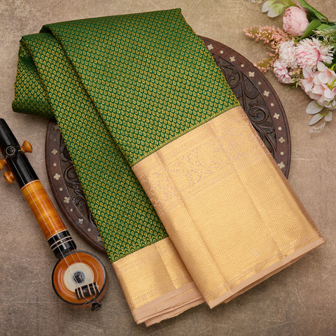 green with golden colour combination kanjivaram brocade silk saree